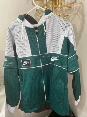 Vintage 90s Hunter Green and White Mesh track jacket with huge Nike letters